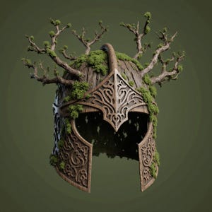 May include: A wooden helmet with intricate carvings and a crown of branches and moss. The helmet has a detailed design on the front and sides, with a natural, earthy aesthetic. The branches and moss add a touch of fantasy.