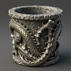 Può includere: Un vaso cilindrico in pietra con un design dettagliato di drago. Il vaso è grigio con accenti dorati sulle squame e sugli artigli del drago. Il bordo superiore presenta un motivo decorativo. Il design generale è ornato e dettagliato.