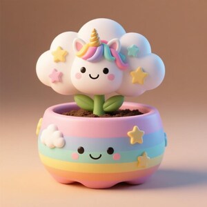 May include: A whimsical, pastel-colored planter featuring a smiling unicorn flower. The flower has a rainbow mane and a golden horn, with a cloud-shaped head. The planter is decorated with stars and clouds.