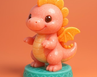 May include: A pink and orange dragon figurine with large brown eyes, orange wings, and a spiky crest. The dragon is standing on a teal, patterned base. The background is a solid orange color.