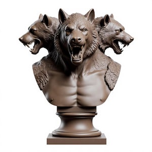 May include: A brown sculpture of a three-headed wolf creature with an exposed torso. The wolf heads are snarling, with visible teeth. The sculpture is mounted on a pedestal base, showcasing a detailed and imposing design.