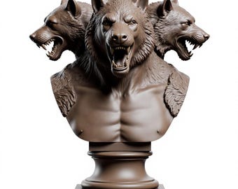 May include: A brown sculpture of a three-headed wolf creature with an exposed torso. The wolf heads are snarling, with visible teeth. The sculpture is mounted on a pedestal base, showcasing a detailed and imposing design.