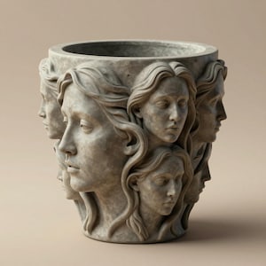 May include: A gray, cylindrical planter with multiple sculpted female faces. The faces are detailed with flowing hair and serene expressions. The planter is made of a stone-like material and has a smooth finish.