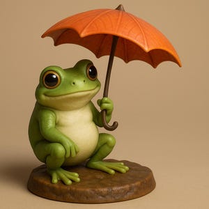 Puede incluir: Una caprichosa figura de rana verde sosteniendo un pequeño paraguas naranja. La rana tiene ojos grandes y expresivos y está posada sobre una base marrón texturizada. El mango del paraguas es marrón oscuro y el vientre de la rana es verde claro.