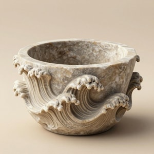 May include: A beige marble bowl with carved wave detailing. The bowl has a circular opening and the exterior is sculpted with multiple layers of ocean waves. The marble has a natural, textured appearance.