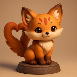 May include: A cute orange fox figurine with a heart-shaped tail. The fox has large eyes, a white chest, and sits on a decorative base. A whimsical decorative item.