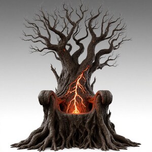 Puede incluir: Un trono marrón oscuro tallado en un árbol, con intrincados detalles de raíces y un dosel de ramas desnudas y retorcidas. El asiento brilla con un patrón llameante en forma de rayo, creando una estética dramática y mística.