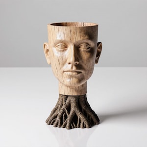 May include: A unique decorative vase shaped like a human head with a tree trunk base. The face is light brown with carved details, and the base is a dark brown, textured tree root design. The vase is a creative home decor item.