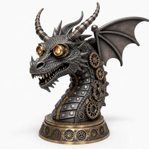 May include: A steampunk-style dragon sculpture with a metallic gray finish. The dragon features intricate gear details, glowing orange eyes, and a wing. The base is adorned with circular patterns.