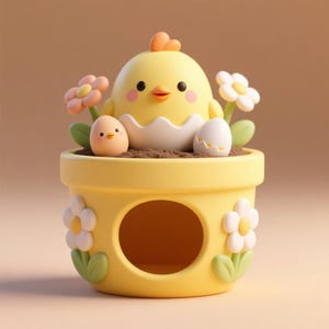May include: A yellow decorative planter with a chick hatching from an egg. The planter has a round opening and is decorated with flowers and a small chick. The background is a solid tan color.