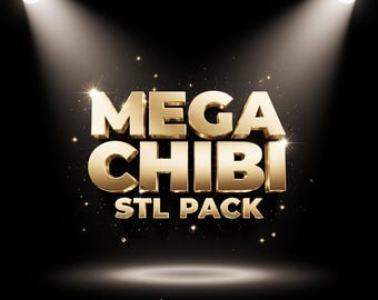 May include: Gold-colored text on a black background reads "MEGA CHIBI STL PACK" with the ArtisanTee StudioD logo at the bottom. Two spotlights shine down on the text, with sparkling effects.