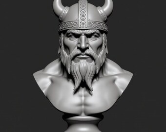 May include: A gray bust of a Viking warrior, featuring a detailed helmet with curved horns and intricate carvings. The sculpture depicts a bearded man with a stern expression, mounted on a pedestal. The bust is a detailed representation of a historical figure.