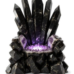 May include: A throne sculpture made of black crystals, with a seat of purple amethyst crystals. The back of the throne is formed from large, pointed black crystal formations. The seat emits a soft purple light.
