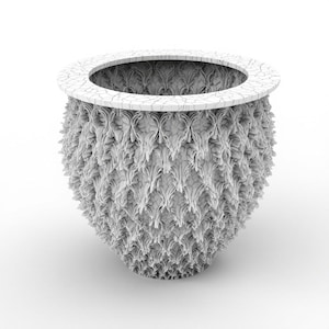 May include: A white, decorative planter with a textured, leaf-like pattern covering the exterior. The rim has a cracked, stone-like appearance. The planter is a rounded shape, suitable for indoor or outdoor use.