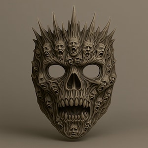 May include: A detailed, gray mask with a skull-like design. The mask features an open mouth, eye sockets, and is adorned with numerous screaming faces. The top of the mask has sharp, pointed protrusions, giving it a menacing appearance.