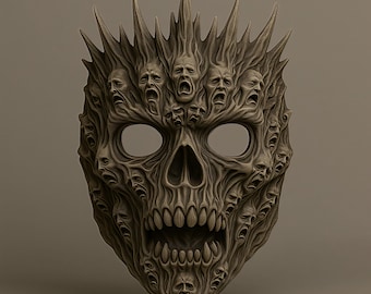May include: A detailed, gray mask with a skull-like design. The mask features an open mouth, eye sockets, and is adorned with numerous screaming faces. The top of the mask has sharp, pointed protrusions, giving it a menacing appearance.