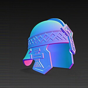 May include: A 3D rendering of a blue and purple Roman helmet. The helmet features a detailed design with geometric patterns and a crest. The color gradient gives it a futuristic look, set against a dark background.