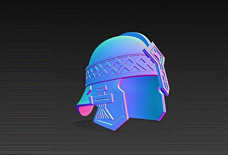 May include: A 3D rendering of a blue and purple Roman helmet. The helmet features a detailed design with geometric patterns and a crest. The color gradient gives it a futuristic look, set against a dark background.
