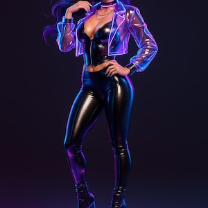 Könnte beinhalten: Eine Frau in einem schwarzen Leder-Outfit, einschließlich Hose und Bustier, und einer transparenten Jacke mit lila Neonbesatz. Sie steht auf einer kreisförmigen Plattform mit blauen und lila Neonlichtern. Der Hintergrund ist dunkel.
