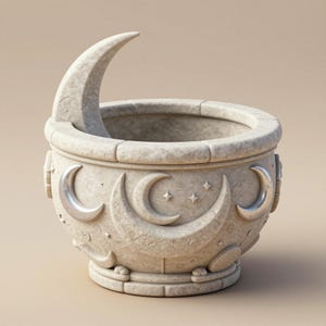 Könnte beinhalten: Eine beige, steinähnliche dekorative Schale mit einem Halbmondgriff. Die Schale hat geprägte Halbmonde, Sterne und Wirbelmuster. Das Design ist symmetrisch, mit einem abgerundeten Boden und einer strukturierten Oberfläche.