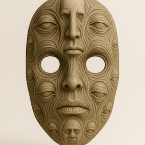 Może przedstawiać: Maska w kolorze brązowym z wieloma twarzami i oczami wyrzeźbionymi na jej powierzchni. Maska ma dwa duże otwory na oczy i jest ozdobiona wirującymi, teksturowanymi liniami. Ogólny projekt jest symetryczny i szczegółowy.