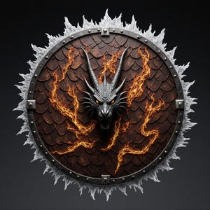 May include: A round shield with a dragon design. The shield features a brown, scale-like pattern with a silver dragon head at the center. Orange flames emanate from the dragon. The shield is surrounded by a silver, spiky border.