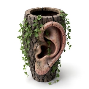 May include: A unique, cylindrical vase with a textured, brown bark exterior. A large, detailed ear sculpture is affixed to the side. Green ivy vines cascade down the vase, adding a natural touch. The vase has a hollow interior.