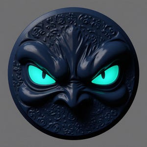 May include: A dark blue, circular wall decor featuring a stylized face with glowing green eyes. The face has a stern expression and is surrounded by a decorative floral pattern. The design is three-dimensional, creating depth and shadow.