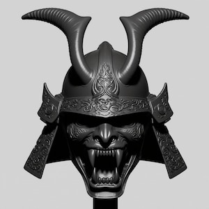 May include: A detailed, dark gray samurai helmet with a menacing demon face design. The helmet features large, curved horns, intricate facial details, and decorative side plates. The overall design suggests a blend of traditional and fantasy elements.