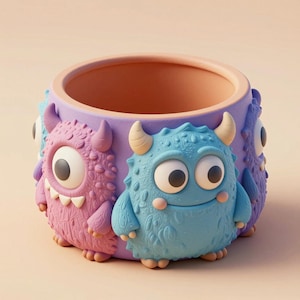 May include: A decorative planter pot in purple, adorned with three cartoon monster figures in pink, blue, and purple. The monsters have large eyes, horns, and textured bodies. The pot's interior is a warm peach colour.