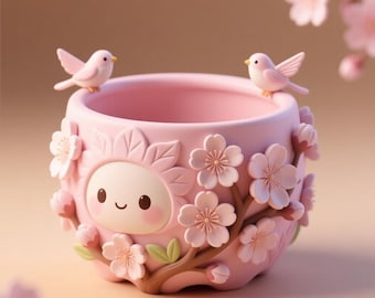 Cute Blossom Planter STL File – Kawaii Flower Pot with Birds, Digital Download