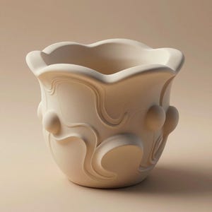 Pode incluir: Vaso de cerâmica branco sujo com borda ondulada e padrões decorativos em espiral em relevo e detalhes esféricos. O vaso tem uma base arredondada e uma abertura ampla, adequada para várias plantas. Seu design neutro é versátil.