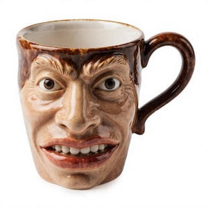 Könnte beinhalten: Eine Keramiktasse mit einem detaillierten, geformten Gesicht eines Mannes mit bedrohlichem Ausdruck. Die Tasse hat braune und beige Farbtöne und einen Henkel an der Seite. Der Innenraum ist weiß.