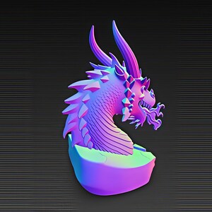 May include: A 3D-rendered dragon head sculpture in shades of purple, pink, and blue. The dragon has sharp horns, a spiky spine, and detailed facial features. It sits on a rounded base with a textured surface, against a dark background.