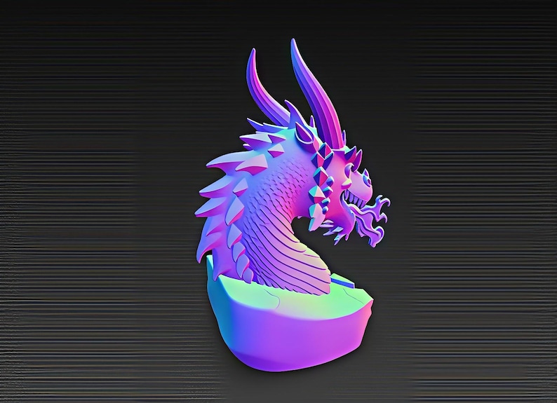 May include: A 3D-rendered dragon head sculpture in shades of purple, pink, and blue. The dragon has sharp horns, a spiky spine, and detailed facial features. It sits on a rounded base with a textured surface, against a dark background.