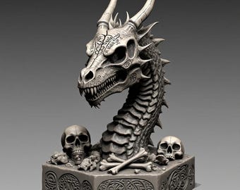 May include: A detailed, gray dragon sculpture with a skull-like head, horns, and a long, segmented neck. Two skulls and crossed bones are at the base. The base is a square with carved designs. The dragon's head has intricate markings.