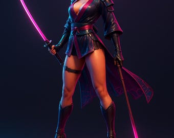 Può includere: Illustrazione digitale di una guerriera in un completo nero e rosso, con due spade rosa luminose. Si trova su una piattaforma circolare con un design al neon, con un alone rosa dietro di lei.