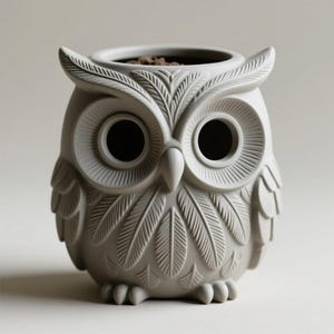 Könnte beinhalten: Ein grauer, eulenformiger Blumentopf mit detailliertem, strukturiertem Design. Der Topf hat große, runde Augenhöhlen und eine breite Öffnung oben für Pflanzen. Die Federn der Eule sind aufwendig geschnitzt und schaffen einen dekorativen Gartenakzent.