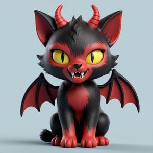 May include: A black and red cartoon cat with yellow eyes, small horns, and bat wings. The cat has a mischievous grin, red paws, and a red chest. The cat is sitting down and has a light blue background.