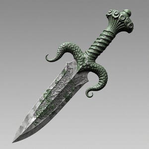 Puede incluir: Una daga de fantasía con una hoja plateada y un mango verde. La hoja presenta intrincados patrones florales con detalles verdes. El mango tiene un agarre en espiral, guardias con forma de tentáculos y un pomo decorativo.