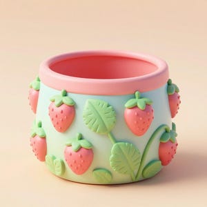 Puede incluir: Una maceta redonda de color verde pastel con interior y borde rosa. El exterior está decorado con fresas rosas en relieve y hojas verdes. Esta maceta decorativa es ideal para plantas pequeñas y añade un toque de fantasía.
