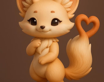 Chibi Rävfigur STL-fil: Djurmodell med hjärtsvans (digital nedladdning)