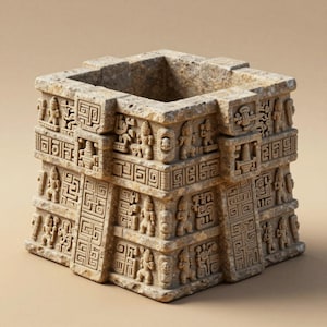 May include: A square, beige stone planter with detailed carvings of figures and geometric patterns. The planter has a hollow interior and a textured surface, reminiscent of ancient architecture.