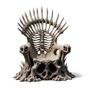 May include: A detailed, beige-colored throne with a skeletal design. The backrest features a ribcage and spine motif, with sharp, bone-like protrusions. The seat is adorned with a skull, and the armrests have claw-like features. The throne is a unique piece of fantasy decor.