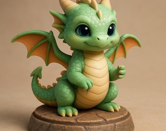May include: A green and tan dragon figurine with large blue eyes, orange wings, and small horns. The dragon is sitting on a brown, stone-like base. The figurine has a friendly expression and is detailed with scales.