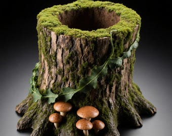 May include: A tree stump planter with a hollow centre, covered in green moss and decorated with a green vine. Brown mushrooms are clustered at the base. The planter has a rustic, natural aesthetic.