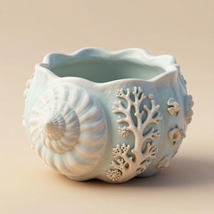May include: A light blue ceramic seashell-shaped planter with a wavy rim. The planter features a spiral design on one side and white coral and seashell embellishments. The interior is a lighter shade of blue.