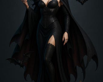 Puede incluir: Una mujer con un vestido gótico negro con una abertura alta, capa y corsé. La imagen presenta murciélagos en vuelo y un cuervo. La mujer tiene el pelo largo y negro y lleva un collar. El tema general es la fantasía oscura.