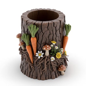 Puede incluir: Un portalápices decorativo con forma de tocón de árbol, con zanahorias naranjas, setas con lunares y pequeñas flores blancas y amarillas. El portalápices marrón tiene un diseño de corteza texturizada, creando un tema de bosque caprichoso.