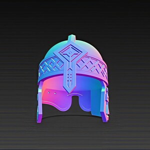 May include: A stylized, colorful helmet with a rounded top and intricate geometric designs. The helmet features a central crest and side details, rendered in shades of blue, purple, and pink. The background is a dark gray with horizontal lines.